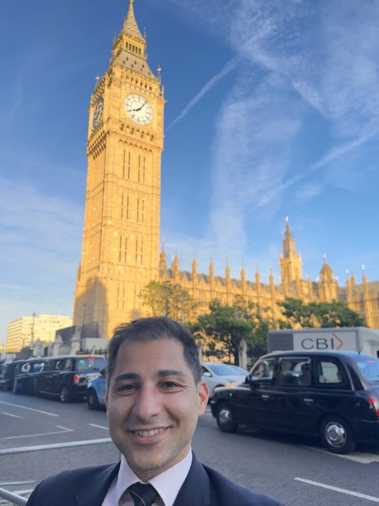 Alex Uregian City Sanctuary founder outside Parliament on his way to the APPG on Health Housing Developments.